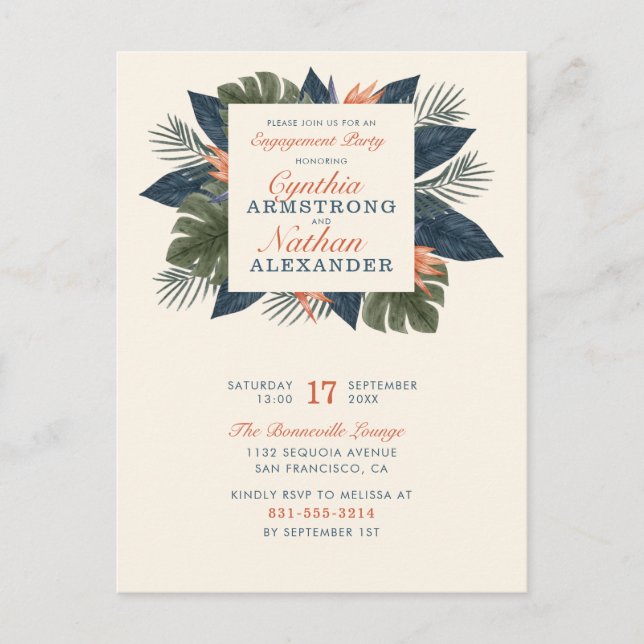 Chic Blue Tropical Blätter Einzigartige Engagement Einladungspostkarte (Vorderseite)