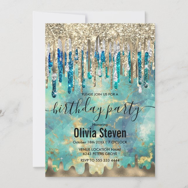 Chic Blue Türkise Gold Glitzer Tropfen Monogramm Einladung (Vorderseite)