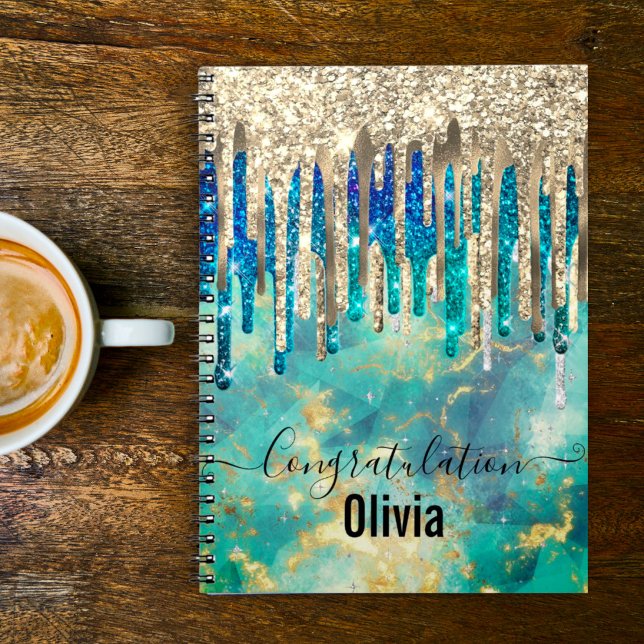 Chic Blue Türkise Gold Glitzer Tropfen Monogramm Notizblock (Von Creator hochgeladen)