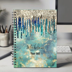 Chic Blue Türkise Gold Glitzer Tropfen Monogramm Notizbuch