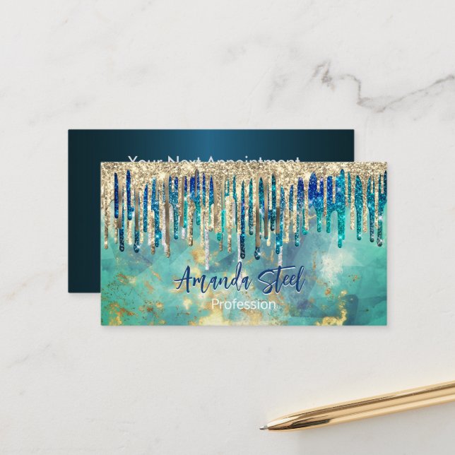 Chic Blue Türkise Gold Glitzer Tropfen Monogramm Terminkarte (Vorderseite/Rückseite Beispiel)
