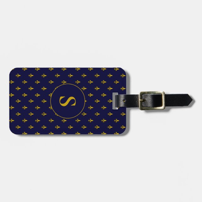 Chic Blue und Gold Lilie Muster Monogram Gepäckanhänger (Vorderseite horizontal)
