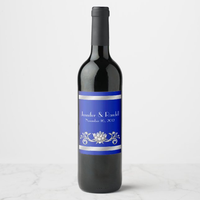 Chic Blue und Silver Wedding Wine Label Weinetikett (Vorderseite)
