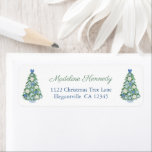 Chic Blue und White Christmas Tree Rücksendeadress<br><div class="desc">Handgemalt (von mir) Aquarellbaum Holidays Baum,  weiße Poinsettia,  blaue Bögen und blau-weiße "Ingwerjar"-Musterschmuck schmücken dieses praktische Rücksendeetikett.</div>