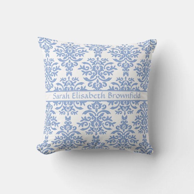 Chic Blue und White Damask Hübsches Muster Kissen (Vorderseite)