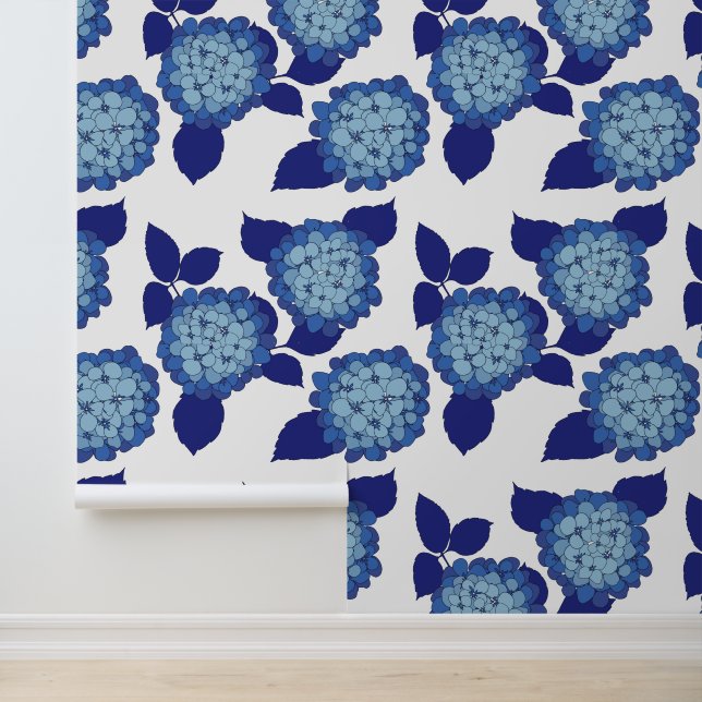 Chic Blue und White Floral Hydrangeas Muster Tapete (Anwendung)