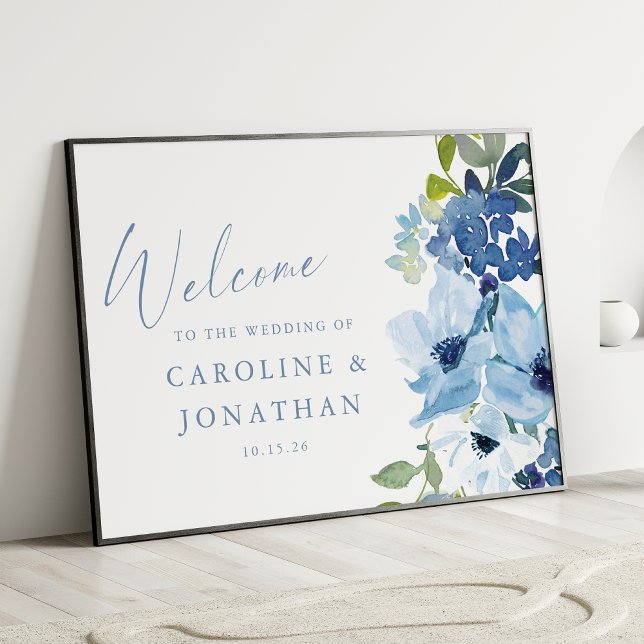 Chic Blue Watercolor Blues Custom Wedding Willkomm Poster (Von Creator hochgeladen)