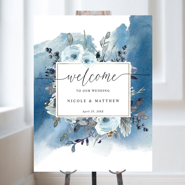 Chic Blue Watercolor Blumen Hochzeit Begrüßungszei Poster (Von Creator hochgeladen)