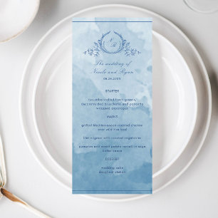 Chic Blue Watercolor Script Monogramme Menu Mariag