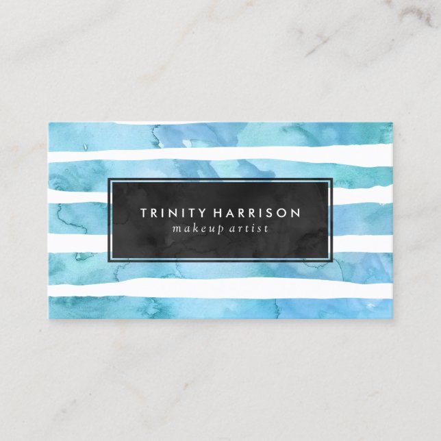 Chic Blue Watercolor Streifen | Kopfbrett Visitenkarte (Vorderseite)