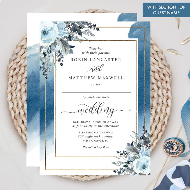 Chic Blue Watercolor und floraler Gastname Hochzei Einladung (Von Creator hochgeladen)