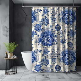Chic Blue White Blumenchinoiserie Toile Monogramm Duschvorhang