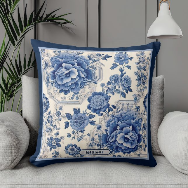 Chic Blue White Blumenchinoiserie Toile Monogramm Kissen (Von Creator hochgeladen)