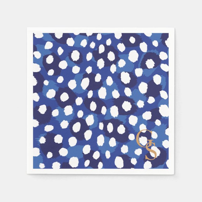 Chic Blue-White-Cheetah-Print-Monogramm Serviette (Vorderseite)