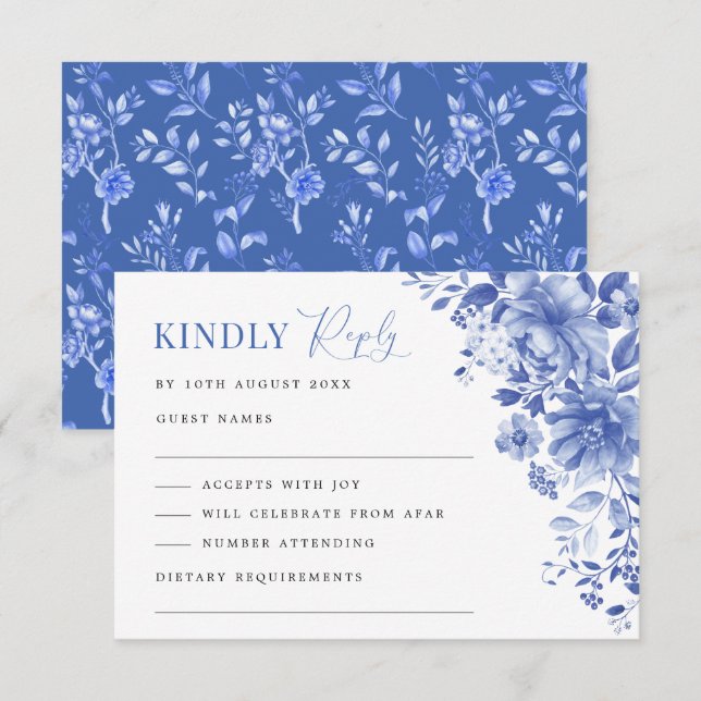 Chic Blue White Chinoiserie Floral Wedding RSVP Karte (Vorne/Hinten)