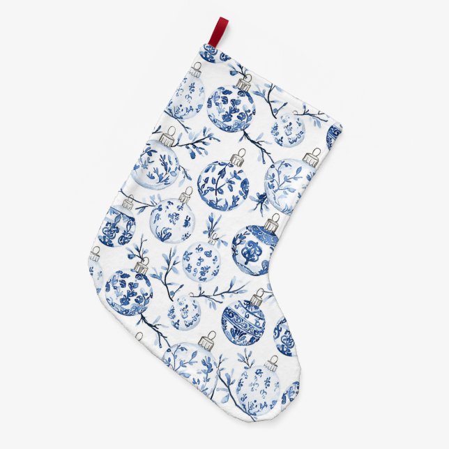 Chic Blue White Christmas Ornaments Großer Weihnachtsstrumpf (Vorderansicht (hängend))