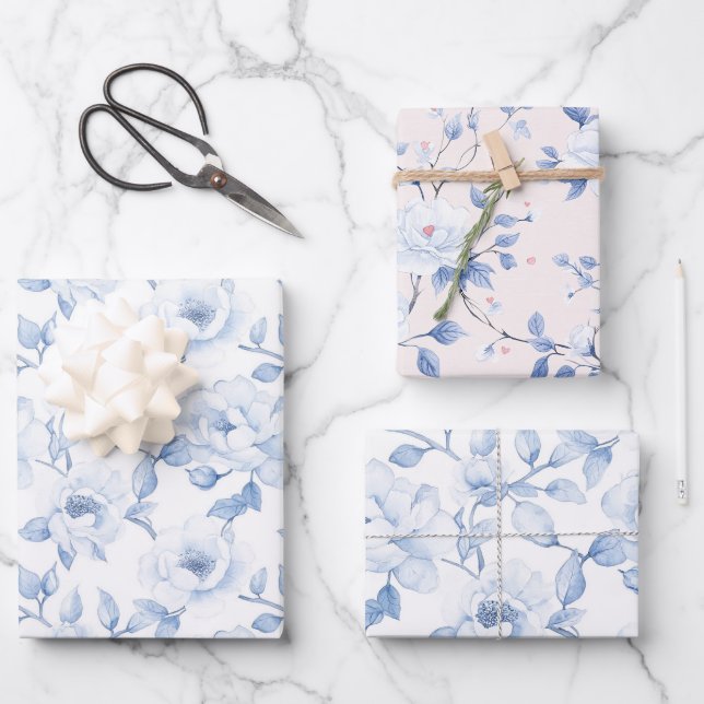 Chic Blue White Floral Brautparty Geschenkpapier Set (Vorderseite)