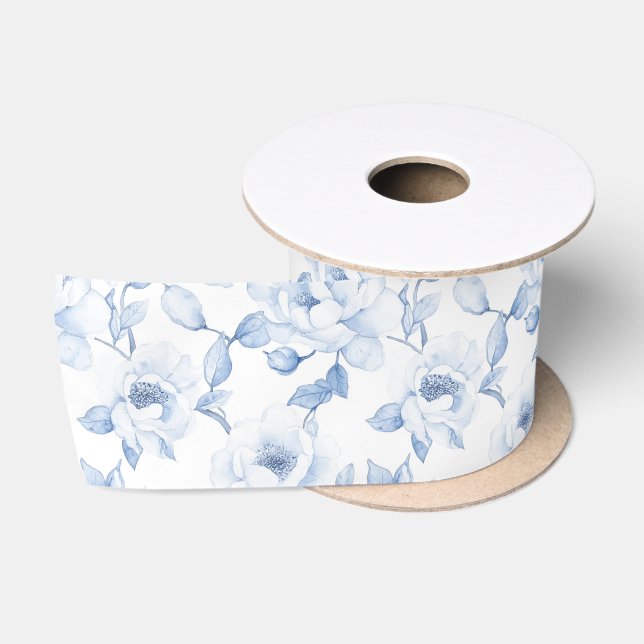 Chic Blue White Floral Brautparty Satinband (Spule)