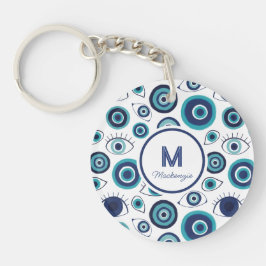 Chic Blue White Greece Evil Eye Monogram Schlüsselanhänger