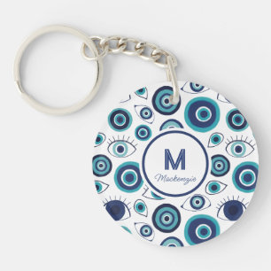 Chic Blue White Greece Evil Eye Monogram Schlüsselanhänger