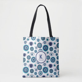 Chic Blue White Greece Evil Eye Monogram Tasche