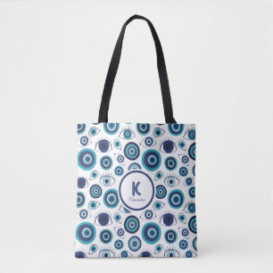 Chic Blue White Greece Evil Eye Monogram Tasche