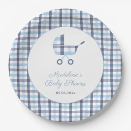 Chic Blue White Karo Buggy Boy Baby Dusche Party Pappteller
