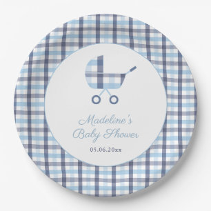 Chic Blue White Karo Buggy Boy Baby Dusche Party Pappteller