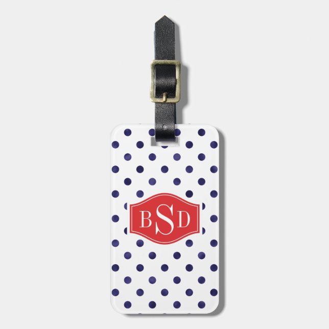Chic blue-white polka dots muster monogramm gepäckanhänger (Vorderseite vertikal)