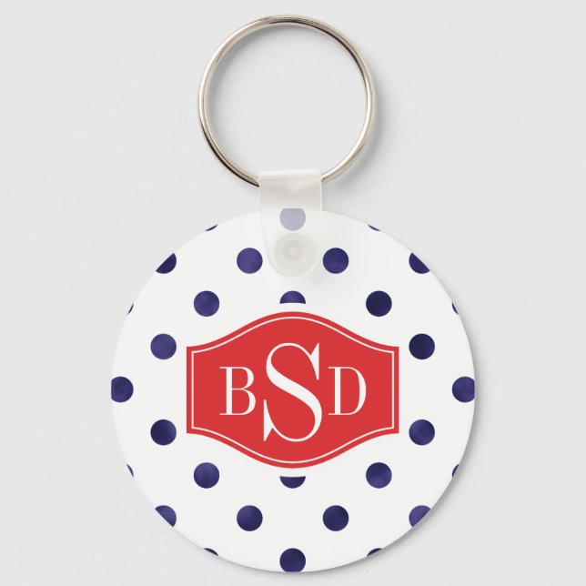 Chic blue-white polka dots muster monogramm schlüsselanhänger (Vorderseite)
