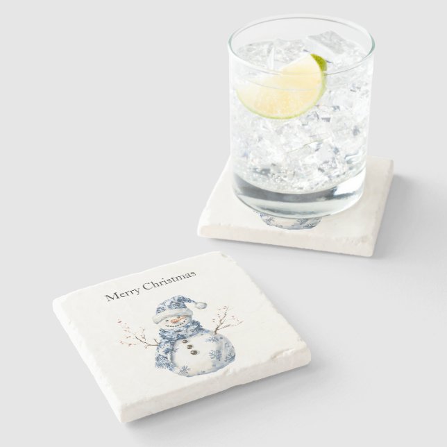 Chic Blue White Snowman Weihnachten Steinuntersetzer (Seitenansicht)