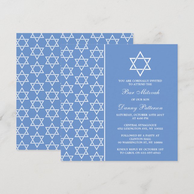 Chic Blue & White Stern von David Bar Mitzvah Einladung (Vorne/Hinten)