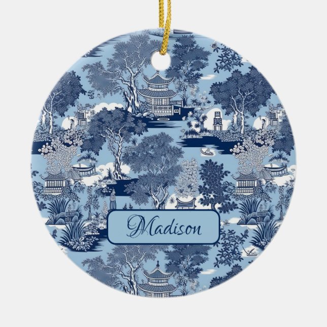 Chic Blue White Weilow Chinoiserie Hütte Keramik Ornament (Vorne)