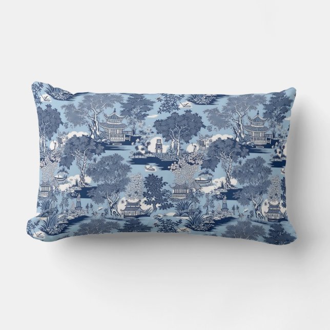 Chic Blue White Weilow Chinoiserie Hütte Lendenkissen (Vorderseite)