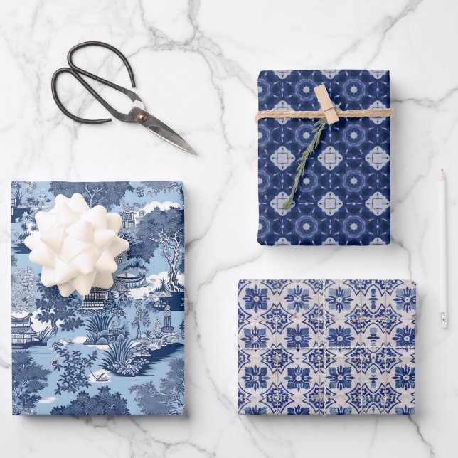 Chic Blue White Wildschwein Chinoiserie Toile Geschenkpapier Set (Vorderseite)