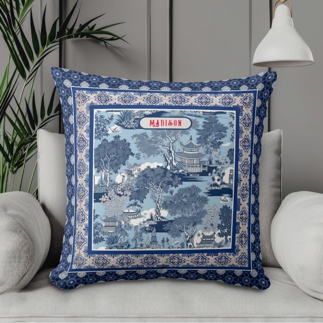 Chic Blue white willow chinoiserie toile monogramm Kissen (Von Creator hochgeladen)