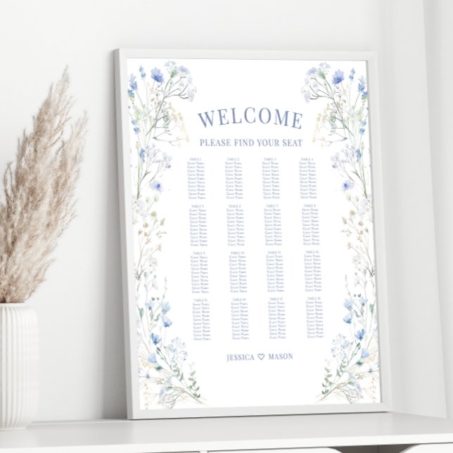 Chic Blue Wildblume Meadow Wedding Chart Poster (Von Creator hochgeladen)