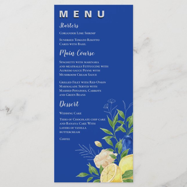 Chic Blue Yellow Floral Lemon Summer Wedding Party Menükarte (Vorderseite)