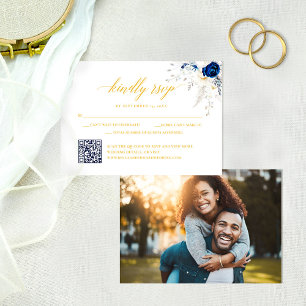 Chic Blue Yellow Floral Wedding QR Code RSVP Card Dankeskarte