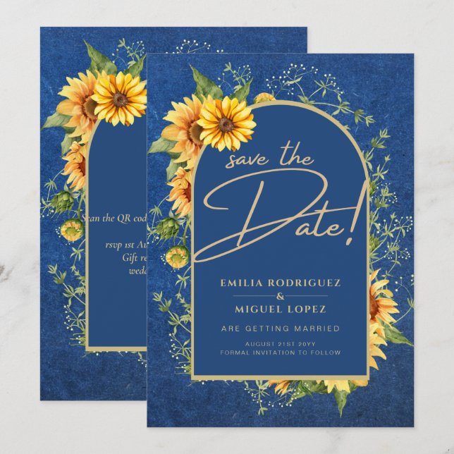 Chic Blue Yellow Sunflowers Wedding All-in-1 Einladung (Vorne/Hinten)