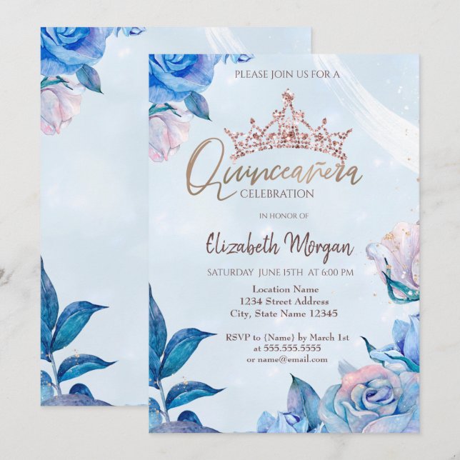 Chic Blume Glitzer Rose Kronplatz Quinceañera Einladung (Vorne/Hinten)