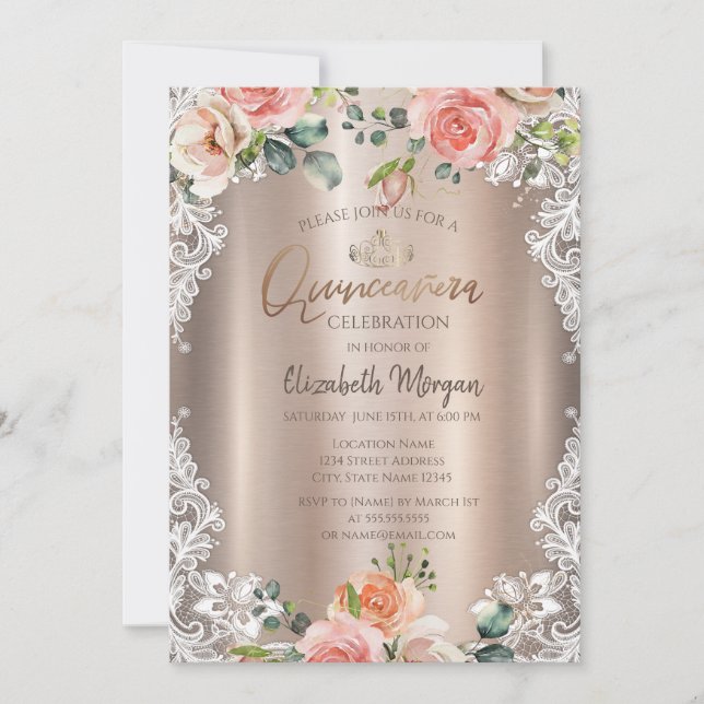 Chic Blume, Lace, Tiara Quinceañera Einladung (Vorderseite)