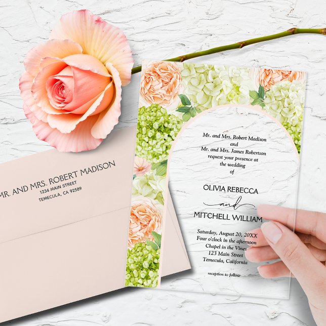 Chic Blume Rosa Arch Wedding Acryleinladungen (Watercolor flowers with a blush pink arch on CLEAR or FROSTED acrylic wedding invitations)
