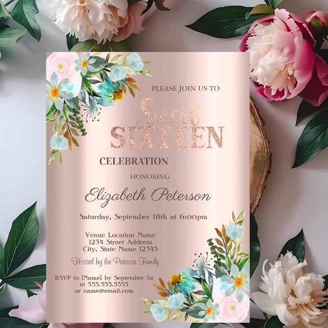 Chic Blume Rose Gold Sweet 16 Einladung (Von Creator hochgeladen)
