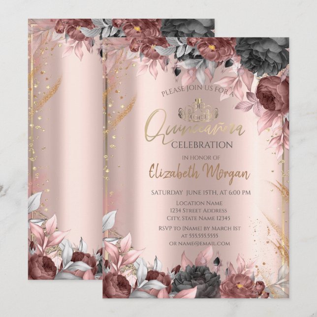 Chic Blume Tiara, Diamonds Rose Gold Quinceañera Einladung (Vorne/Hinten)
