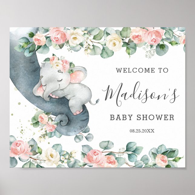 Chic Blumengrün Elephant Baby Dusche Willkommen Poster (Vorne)