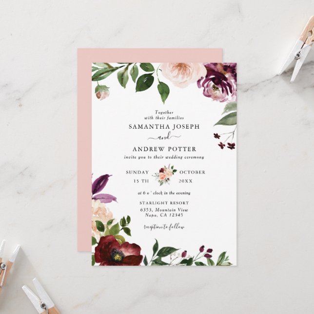 Chic Blush and Burgund Bloral Blossom Hochzeit Einladung (Vorderseite/Rückseite Beispiel)