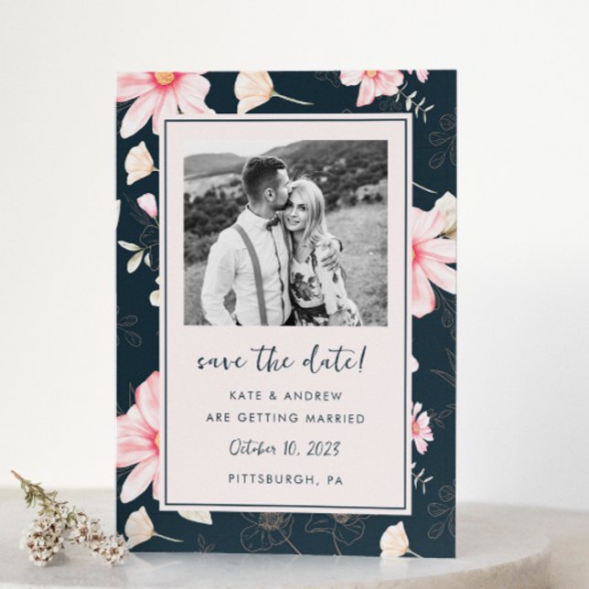 Chic Blush Bloral Blue Wedding Foto Save the Date (This pretty vintage look pink and blue floral wedding photo save the date features whimsical flowers)