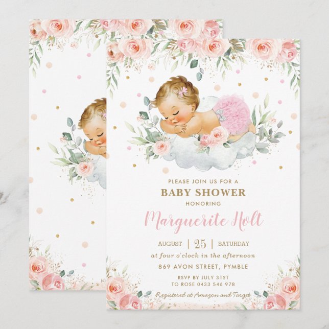 Chic Blush Blues Sweet Sleeping Baby Girl Dusche  Einladung (Vorne/Hinten)
