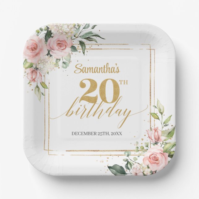 Chic blush Blume Eukalyptus gold 20. Geburtstag Pappteller (Vorderseite)